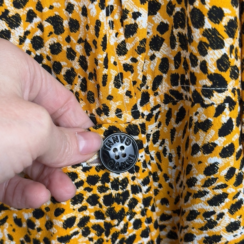 Ganni Wrap-effect Yellow Leopard Print Crepe Buttoned Midi Dress Long Sleeve 42 - Picture 7 of 16